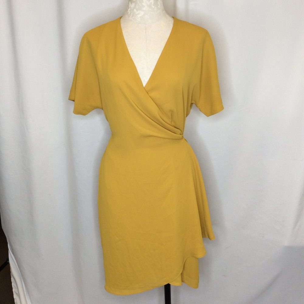 Babaton Mustard Yellow Wrap-Style Short Sleeve Dress